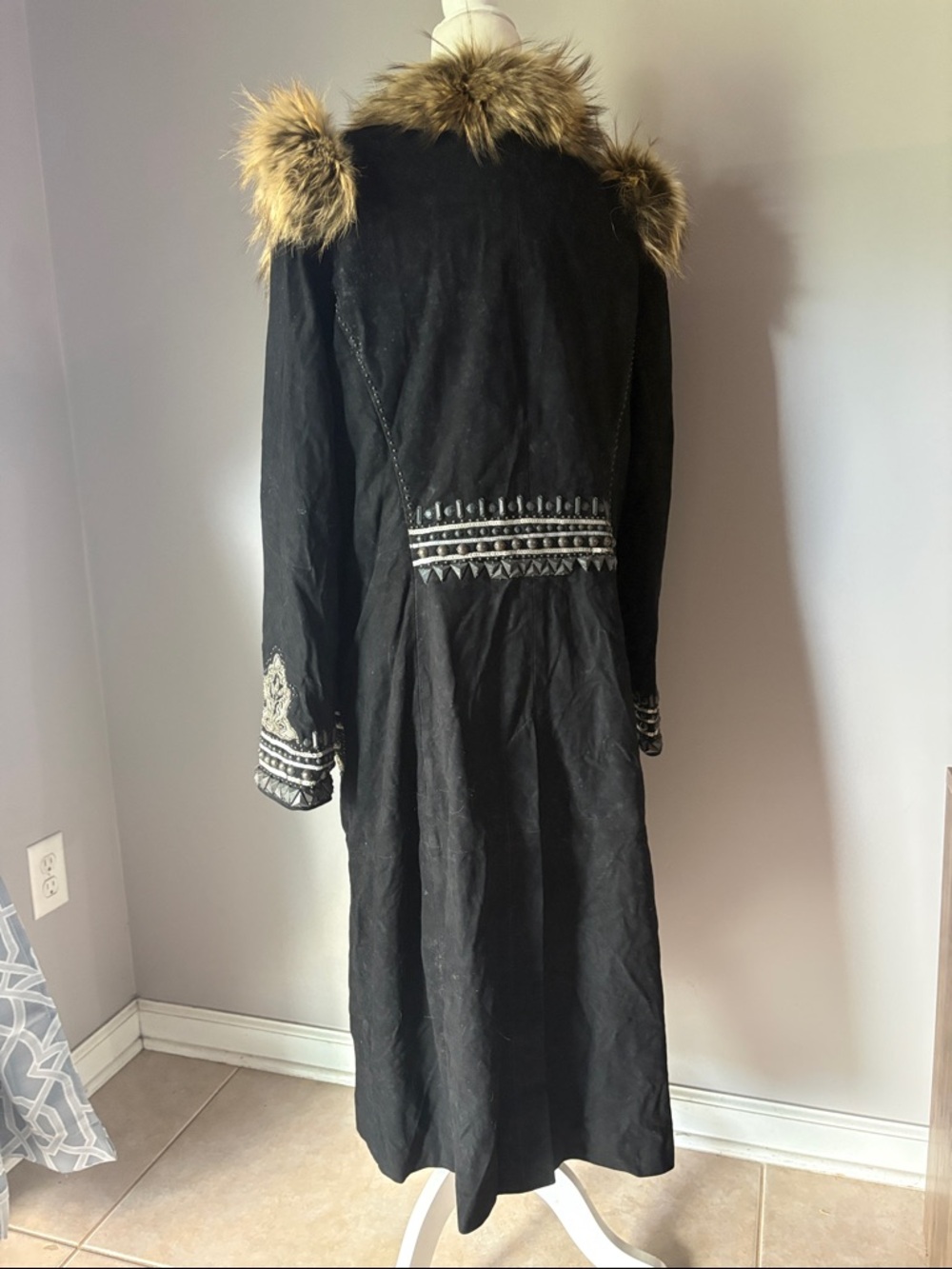 DOUBLE D RANCH Leather Raccoon Fur Trim Festival Boho Penny Lane Trench Jacket - Picture 6 of 10